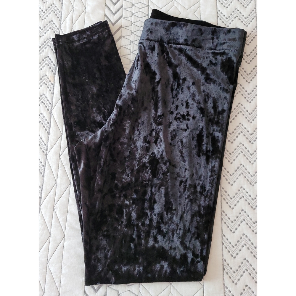 Black Crushed Velvet Leggings Velour Pants Large